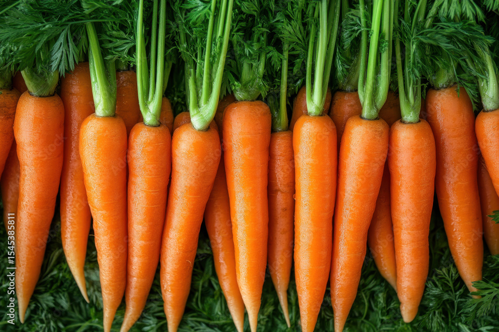 Bunch of vibrant carrots with green tops, placed on a wooden cutting board. Bright and fresh garden produce, ready for cooking or snacking. Bunch of vibrant carrots with green tops, placed on a wooden cutting board. Bright and fresh garden produce, ready for cooking or snacking.