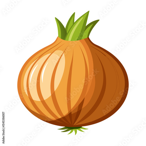 Isolated vector illustration of a yellow onion bulb with green stems for cooking recipes
