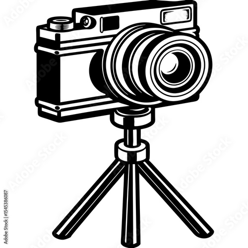 Vintage camera on a tripod isolated on white background in black and white