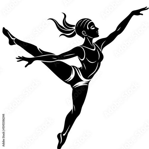 Silhouette of a female gymnast in a balance pose isolated on white background