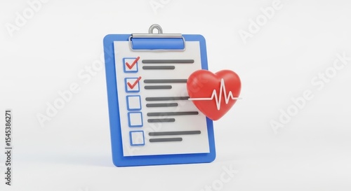 Heart Health Checklist 3D Render of Medical Checkup Form and Heartbeat