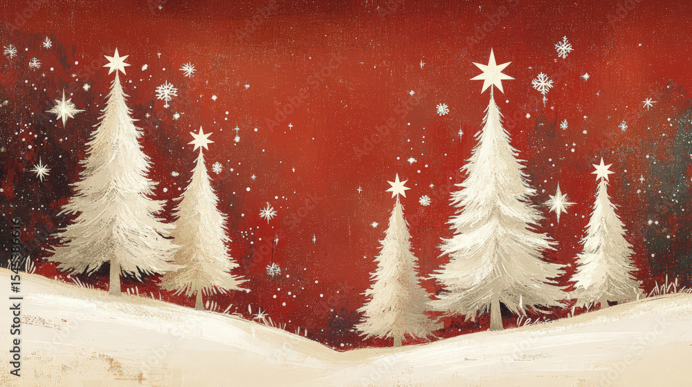 Naklejka premium Snowflakes fall gently over white Christmas trees against a red background in winter
