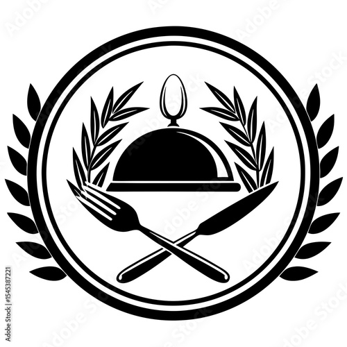 Restaurant dish with silverware and leaf wreath isolated on white