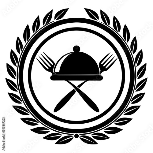 Restaurant dish with silverware and leaf wreath isolated on white