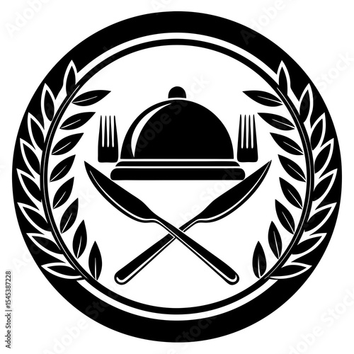 Restaurant dish with silverware and leaf wreath isolated on white