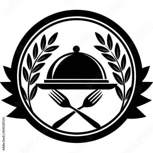 Restaurant dish with silverware and leaf wreath isolated on white