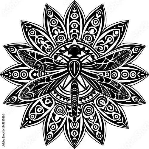 Dragonfly in a floral mandala pattern in black and white