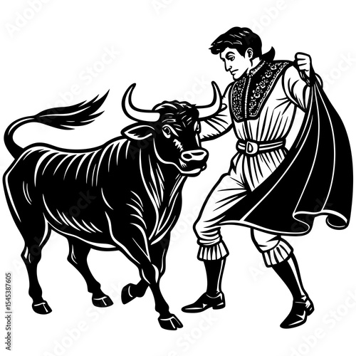 Matador faces a bull with a cape isolated on white background