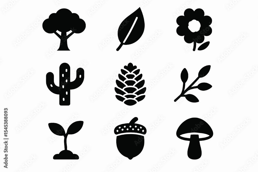 Icon set representing forest elements and vegetation with trees, leaf, mushroom, cactus, sprout, acorn, and flower. Icon set representing forest elements and vegetation with trees, leaf, mushroom, cactus, sprout, acorn, and flower.