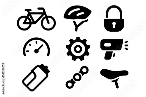 Set of bike and cycling icons including helmet, speedometer, gears, saddle, battery, and lock in modern black design.