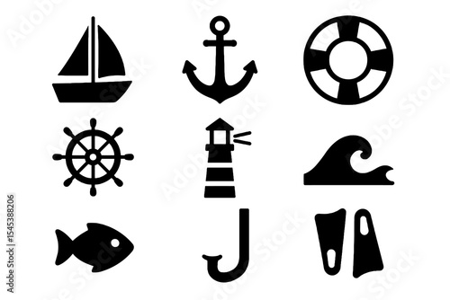 Marine icon collection featuring sailboat, anchor, lifebuoy, lighthouse, fish, wave, flippers, and ship wheel in solid design.