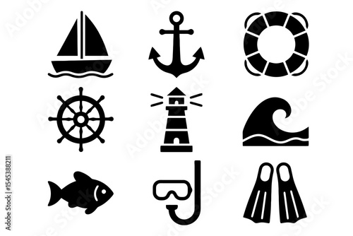 Marine and diving icon set with anchor, goggles, flippers, sailboat, lighthouse, and wave symbols in bold vector style.
