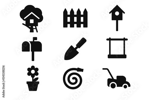 Garden icon set featuring swing, birdhouse, trowel, hose, flowerpot, fence, and lawn mower for backyard visuals.