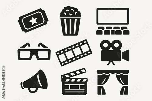 Cinema icon bundle with film projector, movie ticket, laptop screen, clapperboard, and theater curtain in bold black vector style.