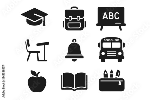 Solid black icons for school themes including backpack, ABC board, school bus, books, bell, and stationery elements.