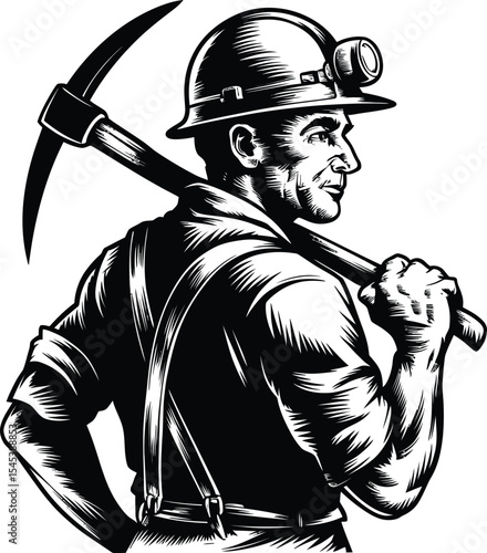 Vintage Miner Icon – Coal Worker with Pickaxe Illustration