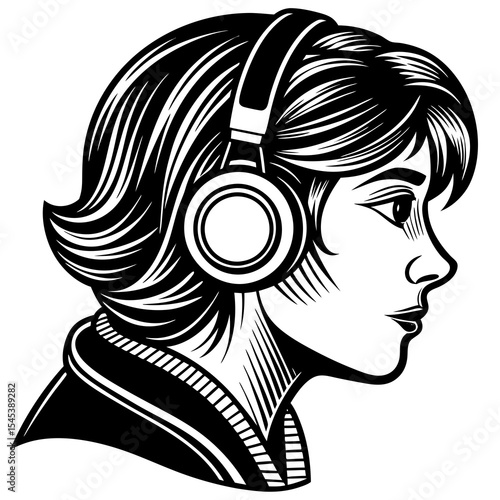 Woman listening to music with headphones isolated on white background