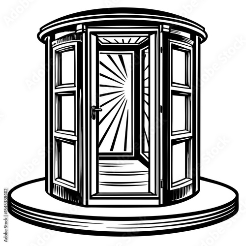 Vintage telephone booth with open door isolated on white background