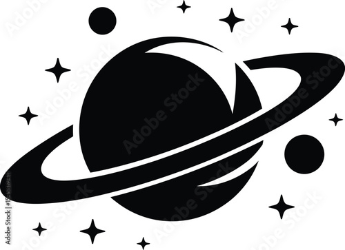 Minimalist Saturn Planet Icon with Stars – Space Silhouette Illustration