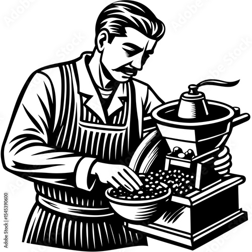 Man grinding coffee beans isolated on white background