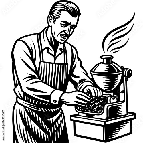 Man grinding coffee beans isolated on white background