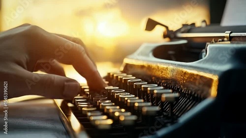 A close-up of a hand typing on a vintage typewriter during a sunset, evoking nostalgia and creativity