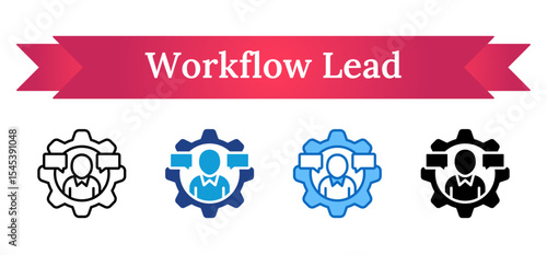 Workflow Lead Multi Style Icon - Gear with central figure and multiple document flows, indicating operational leadership