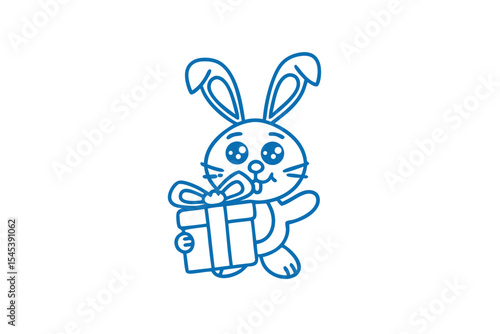Outlined adorable rabbit holds a gift, with a ribbon while smiling happily