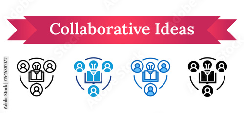 Collaborative Ideas Multi Style Icon - Open book with central light bulb and people around, representing idea exchange in group learning