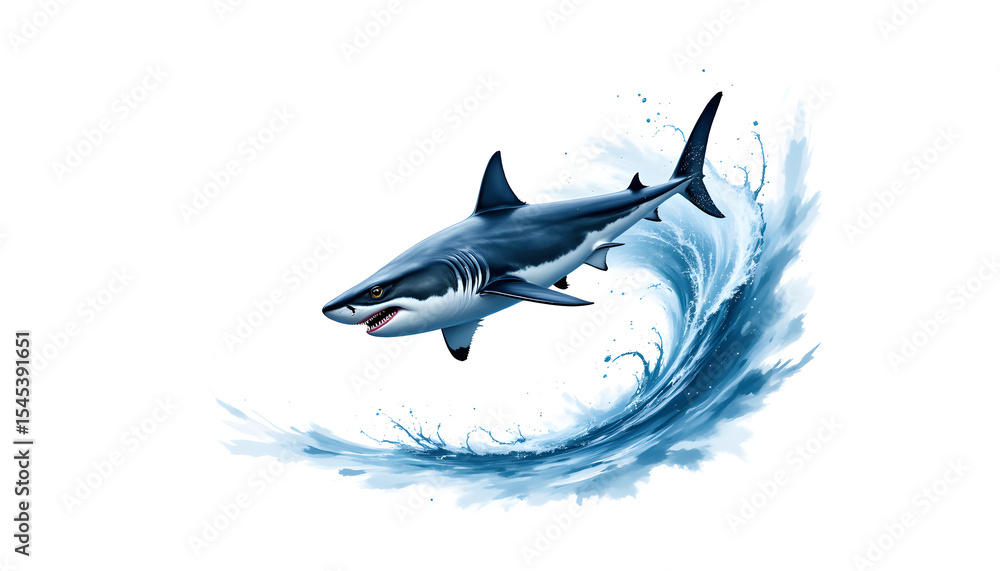 Obraz premium Dynamic Illustration of Shark Swimming Through Ocean Wave Splash