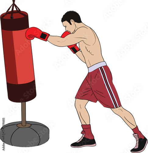 Boxer in red shorts punching heavy bag, athletic fighter practicing technique and strength, intense workout session in gym, dynamic boxing action illustration.