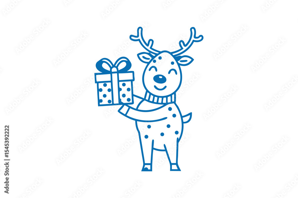 Fototapeta premium Smiling reindeer wearing a sweater happily holds a polka dotted gift box with ribbon