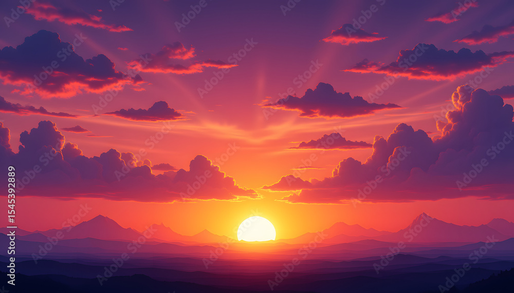 Fototapeta premium Vibrant Sunset Over Mountain Range with Colorful Clouds and Sky