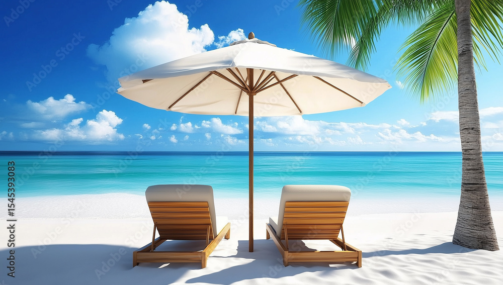 Tropical beach paradise with chairs under umbrella and palm trees Tropical beach paradise with chairs under umbrella and palm trees