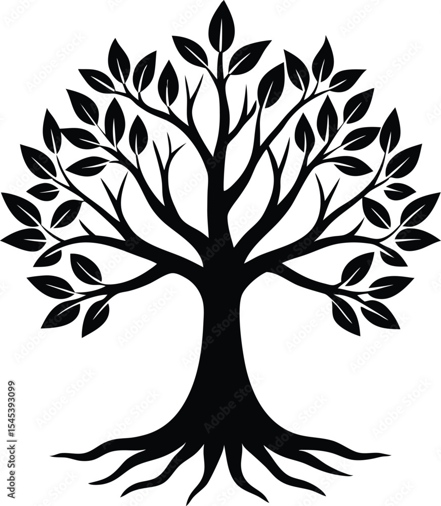 Obraz premium Decorative Black Tree with Roots and Leaves Isolated on White Background Vector Illustration