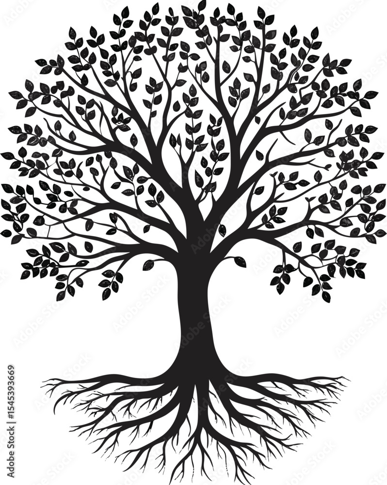 Obraz premium Decorative Black Tree with Roots and Leaves Isolated on White Background Vector Illustration
