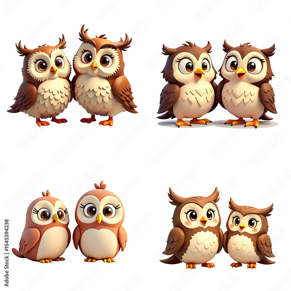 Cartoon owls in pairs displaying various expressions and poses Cartoon owls in pairs displaying various expressions and poses