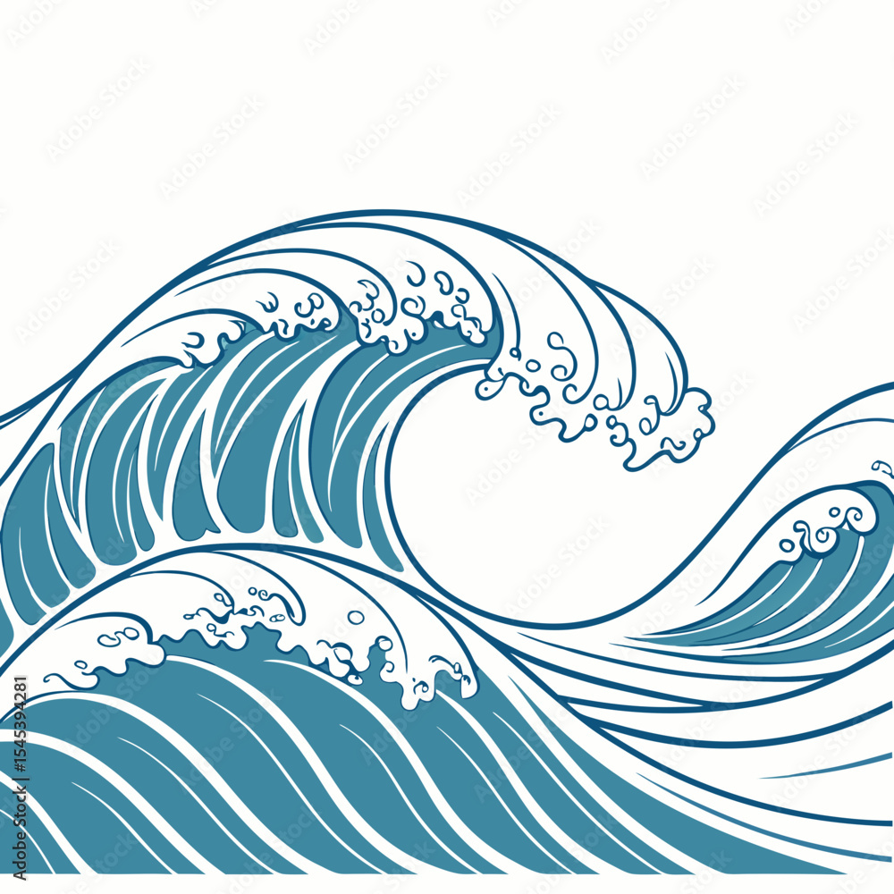 Teal Blue Ocean Waves Pattern White Background Stylized Japanese Wave Illustration Graphic Design Element Teal Blue Ocean Waves Pattern White Background Stylized Japanese Wave Illustration Graphic Design Element