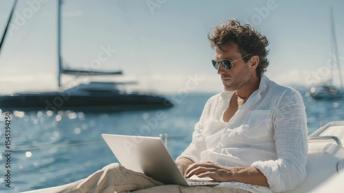 Man uses laptop on yacht during the daytime at sea under clear blue sky