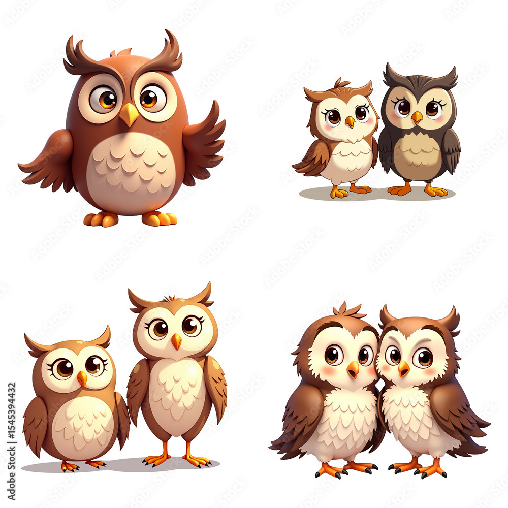 Cartoon owls in various poses and expressions on white background Cartoon owls in various poses and expressions on white background