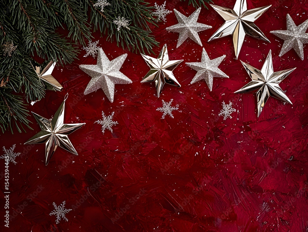 Photo of silver stars and snowflakes hanging from pine branches against a vibrant red holiday background Photo of silver stars and snowflakes hanging from pine branches against a vibrant red holiday background