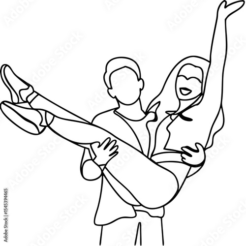Joyful couple man lifting woman. Happy romantic relationship line art illustration. Man lifting woman in celebratory pose.  This line drawing is perfect for cards, invitations or social media posts.