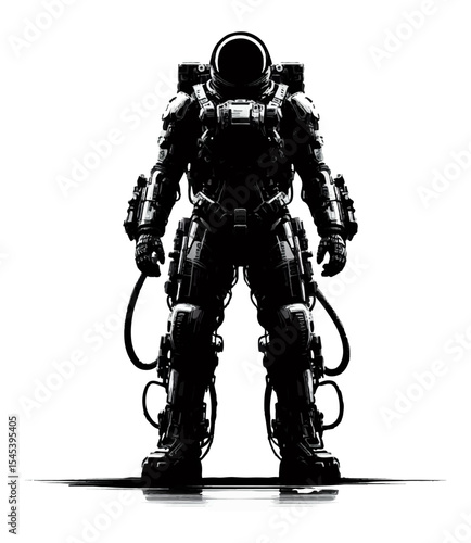 Monochrome black and white illustration of an astronaut robot on a white isolated background. Vector graphics. EPS.