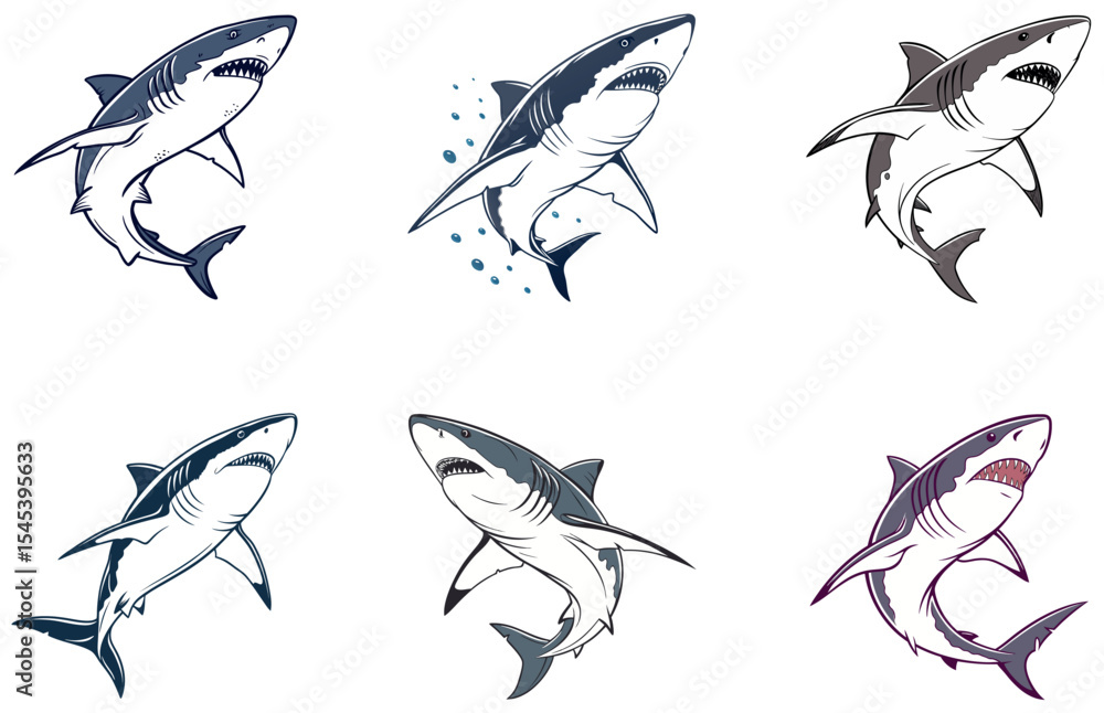 Obraz premium Shark Vector Designs Set Fierce and Minimal Ocean Predator Illustrations