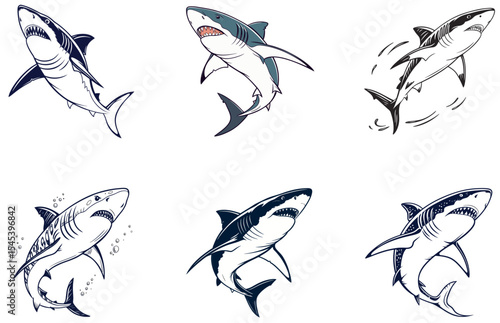 Shark Vector Designs Set Dynamic and Minimal Ocean Predator Illustrations