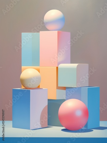 Abstract sculpture centerpiece, pastel-colored geometric shapes in tower formation