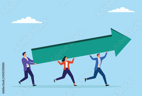 Vector illustration of a group of business people carrying an upward arrow bar, symbolizing unity, teamwork, and joint effort in driving business growth and progress
