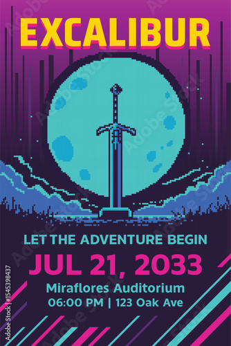 Excalibur sword vector illustration with glowing moon background, fantasy adventure poster design, magical weapon night scene