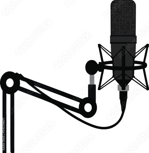 A stylized vector illustration of a professional podcast microphone and boom arm isolated