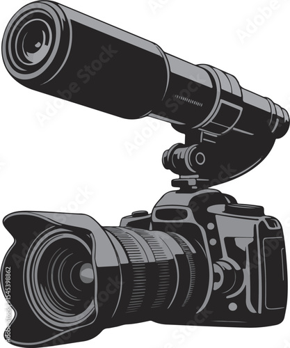 Professional dslr camera with telephoto lens and flash in modern detailed black and grey vector art